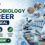 Amneal Microbiology Job 2026 – M.Sc Microbiology Candidates Can Apply Now. A professional promotional banner for a "Microbiology Career at Amneal," featuring the Biotecnika logo at the top left. On the right, a female scientist in a white lab coat is working in a high-tech microbiology laboratory, examining colorful petri dishes with an inoculation loop. The left side features the bold headline "MICROBIOLOGY CAREER AT AMNEAL" and three icons representing: Monitor Product Safety, Conduct Microbial Analyses, and Advance QA/QC & R&D. The background includes hexagonal floating graphics showing various bacterial cultures and laboratory autoclaves. A prominent green "Apply Now" button with a white arrow is located at the bottom left.