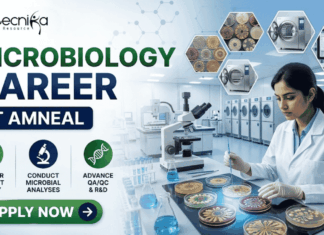Amneal Microbiology Job 2026 – M.Sc Microbiology Candidates Can Apply Now Amneal Microbiology Job 2026 – M.Sc Microbiology Candidates Can Apply Now. A professional promotional banner for a "Microbiology Career at Amneal," featuring the Biotecnika logo at the top left. On the right, a female scientist in a white lab coat is working in a high-tech microbiology laboratory, examining colorful petri dishes with an inoculation loop. The left side features the bold headline "MICROBIOLOGY CAREER AT AMNEAL" and three icons representing: Monitor Product Safety, Conduct Microbial Analyses, and Advance QA/QC & R&D. The background includes hexagonal floating graphics showing various bacterial cultures and laboratory autoclaves. A prominent green "Apply Now" button with a white arrow is located at the bottom left.