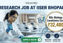 ₹32,400 Salary Research Job at IISER Bhopal | BSc Biology Candidates Apply Now ₹32,400 Salary Research Job at IISER Bhopal BSc Biology Candidates Apply Now. A recruitment banner for a "RESEARCH JOB AT IISER BHOPAL" by Biotecnika. The image features a female scientist in a lab coat pipetting into a microplate in a modern laboratory. A gold circular callout highlights that BSc Biology candidates can earn ₹32,400. The background shows the IISER Bhopal campus, molecular models (protein and DNA), and lab equipment. At the bottom right, three icons with text represent "Novel Drug Discovery," "Cutting-edge Biology Labs," and "Expert Mentorship." A prominent green "APPLY NOW" button is at the bottom center.