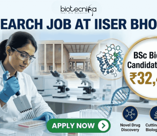 ₹32,400 Salary Research Job at IISER Bhopal | BSc Biology Candidates Apply Now ₹32,400 Salary Research Job at IISER Bhopal BSc Biology Candidates Apply Now. A recruitment banner for a "RESEARCH JOB AT IISER BHOPAL" by Biotecnika. The image features a female scientist in a lab coat pipetting into a microplate in a modern laboratory. A gold circular callout highlights that BSc Biology candidates can earn ₹32,400. The background shows the IISER Bhopal campus, molecular models (protein and DNA), and lab equipment. At the bottom right, three icons with text represent "Novel Drug Discovery," "Cutting-edge Biology Labs," and "Expert Mentorship." A prominent green "APPLY NOW" button is at the bottom center.