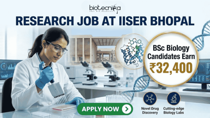 ₹32,400 Salary Research Job at IISER Bhopal BSc Biology Candidates Apply Now ₹32,400 Salary Research Job at IISER Bhopal BSc Biology Candidates Apply Now. A recruitment banner for a "RESEARCH JOB AT IISER BHOPAL" by Biotecnika. The image features a female scientist in a lab coat pipetting into a microplate in a modern laboratory. A gold circular callout highlights that BSc Biology candidates can earn ₹32,400. The background shows the IISER Bhopal campus, molecular models (protein and DNA), and lab equipment. At the bottom right, three icons with text represent "Novel Drug Discovery," "Cutting-edge Biology Labs," and "Expert Mentorship." A prominent green "APPLY NOW" button is at the bottom center.