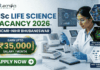 ₹35,000 Salary MSc Life Science Vacancy 2026 at ICMR-NIHR Bhubaneswar Apply Now! A recruitment advertisement banner for Biotecnika, announcing an MSc Life Science Vacancy for 2026 at ICMR-NIHR Bhubaneswar. The left side features the 'biotecnika Your Bio Resource' logo, the text 'MSc LIFE SCIENCE VACANCY 2026' in large green and white font, and location '@ ICMR-NIHR BHUBANESWAR' below. A prominent gold and green geometric callout box in the center reads 'EARN UPTO [₹35,000] SALARY / MONTH'. Below this is a green rounded button with a white right arrow and text 'APPLY NOW'. The right side features a photo of a focused female scientist in a lab coat and safety glasses, using a pipette in a modern lab with high-tech monitors. Overlaid hexagonal panels on the far right show detailed scientific visualization: virus structure, high-resolution cell imaging assay, and high-throughput assay schematics.