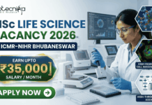 ₹35,000 Salary MSc Life Science Vacancy 2026 at ICMR-NIHR Bhubaneswar Apply Now! A recruitment advertisement banner for Biotecnika, announcing an MSc Life Science Vacancy for 2026 at ICMR-NIHR Bhubaneswar. The left side features the 'biotecnika Your Bio Resource' logo, the text 'MSc LIFE SCIENCE VACANCY 2026' in large green and white font, and location '@ ICMR-NIHR BHUBANESWAR' below. A prominent gold and green geometric callout box in the center reads 'EARN UPTO [₹35,000] SALARY / MONTH'. Below this is a green rounded button with a white right arrow and text 'APPLY NOW'. The right side features a photo of a focused female scientist in a lab coat and safety glasses, using a pipette in a modern lab with high-tech monitors. Overlaid hexagonal panels on the far right show detailed scientific visualization: virus structure, high-resolution cell imaging assay, and high-throughput assay schematics.