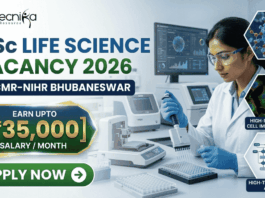 ₹35,000 Salary MSc Life Science Vacancy 2026 at ICMR-NIHR Bhubaneswar Apply Now! A recruitment advertisement banner for Biotecnika, announcing an MSc Life Science Vacancy for 2026 at ICMR-NIHR Bhubaneswar. The left side features the 'biotecnika Your Bio Resource' logo, the text 'MSc LIFE SCIENCE VACANCY 2026' in large green and white font, and location '@ ICMR-NIHR BHUBANESWAR' below. A prominent gold and green geometric callout box in the center reads 'EARN UPTO [₹35,000] SALARY / MONTH'. Below this is a green rounded button with a white right arrow and text 'APPLY NOW'. The right side features a photo of a focused female scientist in a lab coat and safety glasses, using a pipette in a modern lab with high-tech monitors. Overlaid hexagonal panels on the far right show detailed scientific visualization: virus structure, high-resolution cell imaging assay, and high-throughput assay schematics.