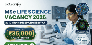 ₹35,000 Salary MSc Life Science Vacancy 2026 at ICMR-NIHR Bhubaneswar Apply Now! A recruitment advertisement banner for Biotecnika, announcing an MSc Life Science Vacancy for 2026 at ICMR-NIHR Bhubaneswar. The left side features the 'biotecnika Your Bio Resource' logo, the text 'MSc LIFE SCIENCE VACANCY 2026' in large green and white font, and location '@ ICMR-NIHR BHUBANESWAR' below. A prominent gold and green geometric callout box in the center reads 'EARN UPTO [₹35,000] SALARY / MONTH'. Below this is a green rounded button with a white right arrow and text 'APPLY NOW'. The right side features a photo of a focused female scientist in a lab coat and safety glasses, using a pipette in a modern lab with high-tech monitors. Overlaid hexagonal panels on the far right show detailed scientific visualization: virus structure, high-resolution cell imaging assay, and high-throughput assay schematics.