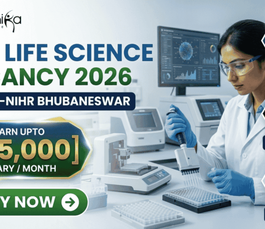 ₹35,000 Salary MSc Life Science Vacancy 2026 at ICMR-NIHR Bhubaneswar Apply Now! A recruitment advertisement banner for Biotecnika, announcing an MSc Life Science Vacancy for 2026 at ICMR-NIHR Bhubaneswar. The left side features the 'biotecnika Your Bio Resource' logo, the text 'MSc LIFE SCIENCE VACANCY 2026' in large green and white font, and location '@ ICMR-NIHR BHUBANESWAR' below. A prominent gold and green geometric callout box in the center reads 'EARN UPTO [₹35,000] SALARY / MONTH'. Below this is a green rounded button with a white right arrow and text 'APPLY NOW'. The right side features a photo of a focused female scientist in a lab coat and safety glasses, using a pipette in a modern lab with high-tech monitors. Overlaid hexagonal panels on the far right show detailed scientific visualization: virus structure, high-resolution cell imaging assay, and high-throughput assay schematics.
