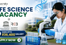 ₹36,400 Salary Life Science Vacancy at RCB for MSc & BSc Life Science Candidates! ₹36,400 Salary Life Science Vacancy at RCB for MSc & BSc Life Science Candidates! Featured banner for “Life Science Vacancy at RCB” featuring the Biotecnika logo at the top, a researcher using a microscope in a modern life sciences laboratory, DNA and biotechnology-themed graphics, highlights for MSc and Life Science graduates, a salary badge showing “Earn Upto ₹36,400,” and a bold “Apply Now” button at the bottom.