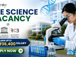₹36,400 Salary Life Science Vacancy at RCB for MSc & BSc Life Science Candidates! Featured banner for “Life Science Vacancy at RCB” featuring the Biotecnika logo at the top, a researcher using a microscope in a modern life sciences laboratory, DNA and biotechnology-themed graphics, highlights for MSc and Life Science graduates, a salary badge showing “Earn Upto ₹36,400,” and a bold “Apply Now” button at the bottom.