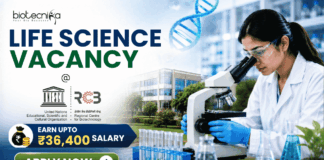 ₹36,400 Salary Life Science Vacancy at RCB for MSc & BSc Life Science Candidates! Featured banner for “Life Science Vacancy at RCB” featuring the Biotecnika logo at the top, a researcher using a microscope in a modern life sciences laboratory, DNA and biotechnology-themed graphics, highlights for MSc and Life Science graduates, a salary badge showing “Earn Upto ₹36,400,” and a bold “Apply Now” button at the bottom.