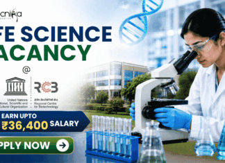 ₹36,400 Salary Life Science Vacancy at RCB for MSc & BSc Life Science Candidates! ₹36,400 Salary Life Science Vacancy at RCB for MSc & BSc Life Science Candidates! Featured banner for “Life Science Vacancy at RCB” featuring the Biotecnika logo at the top, a researcher using a microscope in a modern life sciences laboratory, DNA and biotechnology-themed graphics, highlights for MSc and Life Science graduates, a salary badge showing “Earn Upto ₹36,400,” and a bold “Apply Now” button at the bottom.