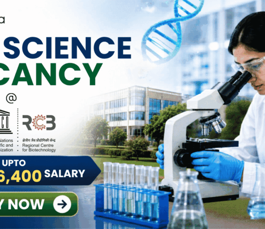 ₹36,400 Salary Life Science Vacancy at RCB for MSc & BSc Life Science Candidates! ₹36,400 Salary Life Science Vacancy at RCB for MSc & BSc Life Science Candidates! Featured banner for “Life Science Vacancy at RCB” featuring the Biotecnika logo at the top, a researcher using a microscope in a modern life sciences laboratory, DNA and biotechnology-themed graphics, highlights for MSc and Life Science graduates, a salary badge showing “Earn Upto ₹36,400,” and a bold “Apply Now” button at the bottom.