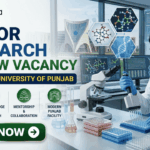 ₹42,000 Salary Junior Research Fellow Vacancy at Central University of Punjab ₹42,000 Salary Junior Research Fellow Vacancy at Central University of Punjab. A corporate recruitment banner for a "JUNIOR RESEARCH FELLOW VACANCY at CENTRAL UNIVERSITY OF PUNJAB" featuring the Biotecnika logo. The image showcases a focused female scientist of Indian heritage wearing a lab coat and safety glasses, using a multichannel pipette on a well-plate. The background features the modern architecture of the university and laboratory monitors displaying genetic and bio-prospecting data. Four circular green icons highlight key job features: Drug Development & Optimization, Cutting-Edge Bio Research, Mentorship & Collaboration, and Modern Punjab Facility. A prominent green "APPLY NOW" button is located at the bottom left.