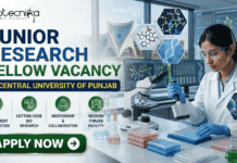 ₹42,000 Salary Junior Research Fellow Vacancy at Central University of Punjab ₹42,000 Salary Junior Research Fellow Vacancy at Central University of Punjab. A corporate recruitment banner for a "JUNIOR RESEARCH FELLOW VACANCY at CENTRAL UNIVERSITY OF PUNJAB" featuring the Biotecnika logo. The image showcases a focused female scientist of Indian heritage wearing a lab coat and safety glasses, using a multichannel pipette on a well-plate. The background features the modern architecture of the university and laboratory monitors displaying genetic and bio-prospecting data. Four circular green icons highlight key job features: Drug Development & Optimization, Cutting-Edge Bio Research, Mentorship & Collaboration, and Modern Punjab Facility. A prominent green "APPLY NOW" button is located at the bottom left.