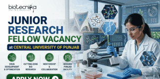 ₹42,000 Salary Junior Research Fellow Vacancy at Central University of Punjab ₹42,000 Salary Junior Research Fellow Vacancy at Central University of Punjab. A corporate recruitment banner for a "JUNIOR RESEARCH FELLOW VACANCY at CENTRAL UNIVERSITY OF PUNJAB" featuring the Biotecnika logo. The image showcases a focused female scientist of Indian heritage wearing a lab coat and safety glasses, using a multichannel pipette on a well-plate. The background features the modern architecture of the university and laboratory monitors displaying genetic and bio-prospecting data. Four circular green icons highlight key job features: Drug Development & Optimization, Cutting-Edge Bio Research, Mentorship & Collaboration, and Modern Punjab Facility. A prominent green "APPLY NOW" button is located at the bottom left.