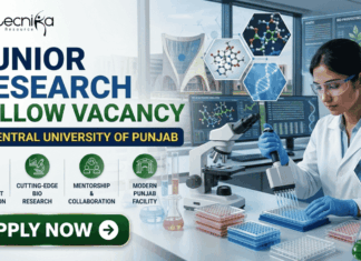 ₹42,000 Salary Junior Research Fellow Vacancy at Central University of Punjab ₹42,000 Salary Junior Research Fellow Vacancy at Central University of Punjab. A corporate recruitment banner for a "JUNIOR RESEARCH FELLOW VACANCY at CENTRAL UNIVERSITY OF PUNJAB" featuring the Biotecnika logo. The image showcases a focused female scientist of Indian heritage wearing a lab coat and safety glasses, using a multichannel pipette on a well-plate. The background features the modern architecture of the university and laboratory monitors displaying genetic and bio-prospecting data. Four circular green icons highlight key job features: Drug Development & Optimization, Cutting-Edge Bio Research, Mentorship & Collaboration, and Modern Punjab Facility. A prominent green "APPLY NOW" button is located at the bottom left.