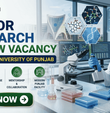 ₹42,000 Salary Junior Research Fellow Vacancy at Central University of Punjab ₹42,000 Salary Junior Research Fellow Vacancy at Central University of Punjab. A corporate recruitment banner for a "JUNIOR RESEARCH FELLOW VACANCY at CENTRAL UNIVERSITY OF PUNJAB" featuring the Biotecnika logo. The image showcases a focused female scientist of Indian heritage wearing a lab coat and safety glasses, using a multichannel pipette on a well-plate. The background features the modern architecture of the university and laboratory monitors displaying genetic and bio-prospecting data. Four circular green icons highlight key job features: Drug Development & Optimization, Cutting-Edge Bio Research, Mentorship & Collaboration, and Modern Punjab Facility. A prominent green "APPLY NOW" button is located at the bottom left.