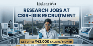 ₹42,000 Salary Research Jobs at Institute of Life Sciences Apply Now. A job recruitment banner from Biotecnika for CSIR-IGIB. The headline reads 'RESEARCH JOBS AT CSIR-IGIB RECRUITMENT'. A female scientist in a lab coat uses a multi-channel pipette. The desk features beakers, a box of 'DRUG CANDIDATE' vials, and a monitor with a 3D molecular structure. A campus of buildings is visible through a large window. A gold banner highlights 'GET UPTO ₹42,000 SALARY/ MONTH'. An 'Apply Now' button is at the bottom.