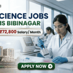 ₹72,800 Salary AIIMS Bibinagar Life Science Jobs 2026 Research & Microbiology Openings. A professional corporate recruitment banner for "LIFE SCIENCE JOBS AT AIIMS BIBINAGAR" featuring the Biotecnika logo at the top. The image displays a focused female scientist in a white lab coat and safety glasses using a multichannel pipette in a state-of-the-art laboratory. An inset on the bottom left shows the modern AIIMS Bibinagar campus building. A prominent gold-bordered callout highlights "Earn Upto ₹72,800 Salary/ Month." Three teal hexagonal icons on the right represent "ADVANCED MEDICAL RESEARCH," "DIAGNOSTICS & GENETICS," and "CLINICAL APPLICATIONS." A green "APPLY NOW" button with a white arrow is positioned at the bottom center.