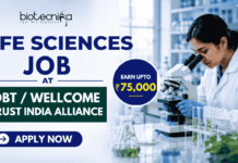 ₹75,000 Salary For Life Sciences Job at DBT/Wellcome Trust India Alliance ₹75,000 Salary For Life Sciences Job at DBTWellcome Trust India Alliance. Featured banner for “Life Sciences Job at DBT/Wellcome Trust India Alliance” featuring the Biotecnika logo at the top, a scientist performing laboratory research with a microscope, DNA and biotechnology-themed graphics, a highlighted “Earn Upto ₹75,000” badge, and a bold “Apply Now” button at the bottom.