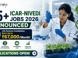 25+ ICAR-NIVEDI Jobs 2026 Announced – Life Science Candidates Earn Up to ₹67,000Month!. Featured banner for “25+ ICAR-NIVEDI Jobs 2026 Announced” featuring the Biotecnika logo at the top, a life sciences researcher performing laboratory experiments in a modern research facility, biotechnology and agricultural research-themed visuals, a prominent salary highlight stating “Life Science Candidates Earn Up to ₹67,000/Month!”, plant and molecular biology elements, and a bold “Applications Open!” button at the bottom.