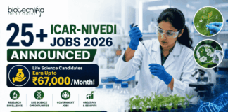 25+ ICAR-NIVEDI Jobs 2026 Announced – Life Science Candidates Earn Up to ₹67,000/Month! 25+ ICAR-NIVEDI Jobs 2026 Announced – Life Science Candidates Earn Up to ₹67,000Month!. Featured banner for “25+ ICAR-NIVEDI Jobs 2026 Announced” featuring the Biotecnika logo at the top, a life sciences researcher performing laboratory experiments in a modern research facility, biotechnology and agricultural research-themed visuals, a prominent salary highlight stating “Life Science Candidates Earn Up to ₹67,000/Month!”, plant and molecular biology elements, and a bold “Applications Open!” button at the bottom.