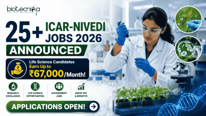 25+ ICAR-NIVEDI Jobs 2026 Announced – Life Science Candidates Earn Up to ₹67,000Month! 25+ ICAR-NIVEDI Jobs 2026 Announced – Life Science Candidates Earn Up to ₹67,000Month!. Featured banner for “25+ ICAR-NIVEDI Jobs 2026 Announced” featuring the Biotecnika logo at the top, a life sciences researcher performing laboratory experiments in a modern research facility, biotechnology and agricultural research-themed visuals, a prominent salary highlight stating “Life Science Candidates Earn Up to ₹67,000/Month!”, plant and molecular biology elements, and a bold “Applications Open!” button at the bottom.