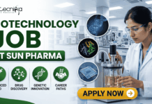 Biotechnology Job at Sun Pharma | Opportunity for MSc & MTech Candidates Biotechnology Job at Sun Pharma Opportunity for MSc & MTech Candidates. A professional promotional banner for a "Biotechnology Job at Sun Pharma." The top left displays the Biotecnika logo. The main header text boldly reads "BIOTECHNOLOGY JOB AT SUN PHARMA" in a green and dark color scheme. Below the title, four circular green icons are labeled: "ADVANCED R&D", "DRUG DISCOVERY", "GENETIC INNOVATION", and "CAREER PATHS". In the center, three floating circular graphics illustrate a DNA double helix, a colorful protein model, and a biochip. On the right side, a female researcher wearing a white lab coat and safety glasses works attentively with a laboratory bioreactor containing a golden liquid, set against a bright, modern pharmaceutical lab background. A prominent gold "APPLY NOW" button with an arrow sits at the bottom center-right.