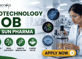 Biotechnology Job at Sun Pharma | Opportunity for MSc & MTech Candidates Biotechnology Job at Sun Pharma Opportunity for MSc & MTech Candidates. A professional promotional banner for a "Biotechnology Job at Sun Pharma." The top left displays the Biotecnika logo. The main header text boldly reads "BIOTECHNOLOGY JOB AT SUN PHARMA" in a green and dark color scheme. Below the title, four circular green icons are labeled: "ADVANCED R&D", "DRUG DISCOVERY", "GENETIC INNOVATION", and "CAREER PATHS". In the center, three floating circular graphics illustrate a DNA double helix, a colorful protein model, and a biochip. On the right side, a female researcher wearing a white lab coat and safety glasses works attentively with a laboratory bioreactor containing a golden liquid, set against a bright, modern pharmaceutical lab background. A prominent gold "APPLY NOW" button with an arrow sits at the bottom center-right.