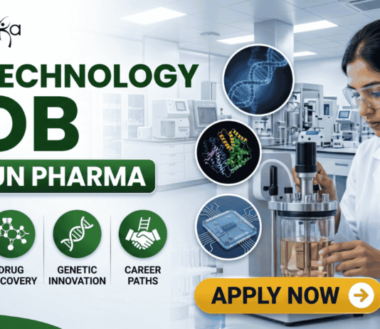 Biotechnology Job at Sun Pharma | Opportunity for MSc & MTech Candidates Biotechnology Job at Sun Pharma Opportunity for MSc & MTech Candidates. A professional promotional banner for a "Biotechnology Job at Sun Pharma." The top left displays the Biotecnika logo. The main header text boldly reads "BIOTECHNOLOGY JOB AT SUN PHARMA" in a green and dark color scheme. Below the title, four circular green icons are labeled: "ADVANCED R&D", "DRUG DISCOVERY", "GENETIC INNOVATION", and "CAREER PATHS". In the center, three floating circular graphics illustrate a DNA double helix, a colorful protein model, and a biochip. On the right side, a female researcher wearing a white lab coat and safety glasses works attentively with a laboratory bioreactor containing a golden liquid, set against a bright, modern pharmaceutical lab background. A prominent gold "APPLY NOW" button with an arrow sits at the bottom center-right.
