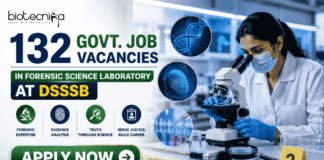132 Govt Life Science Job Vacancies in Forensic Science Laboratory at DSSSB | Apply Online Now! 132 Govt Life Science Job Vacancies in Forensic Science Laboratory at DSSSB | Apply Online Now! Featured banner for “132 Govt. Job Vacancies in Forensic Science Laboratory at DSSSB” featuring the Biotecnika logo at the top, a forensic science professional analyzing evidence in a modern laboratory, DNA, fingerprint, and forensic investigation-themed graphics, crime scene investigation elements, a prominent highlight for 132 vacancies, and a bold “Apply Now” button at the bottom.