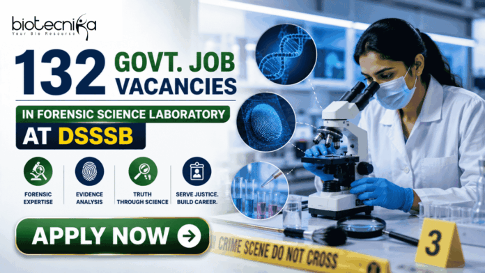 132 Govt Life Science Job Vacancies in Forensic Science Laboratory at DSSSB | Apply Online Now! 132 Govt Life Science Job Vacancies in Forensic Science Laboratory at DSSSB | Apply Online Now! Featured banner for “132 Govt. Job Vacancies in Forensic Science Laboratory at DSSSB” featuring the Biotecnika logo at the top, a forensic science professional analyzing evidence in a modern laboratory, DNA, fingerprint, and forensic investigation-themed graphics, crime scene investigation elements, a prominent highlight for 132 vacancies, and a bold “Apply Now” button at the bottom.