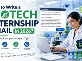 How to Write a Biotech Internship Email in 2026 Templates, Examples & Expert Tips A professional featured blog banner for an article titled “How to Write a Biotech Internship Email in 2026?”. The design shows a modern biotech laboratory theme with a scientist working on a laptop beside a microscope and lab equipment. On the left, large bold typography highlights “BIOTECH INTERNSHIP EMAIL” with green and blue accents, while supporting text reads “Templates, Examples & Expert Tips.” On the right, an email composition interface is displayed with a sample internship application message. The overall style is clean, corporate, and futuristic, with DNA graphics and medical/biotech visual elements conveying innovation and professionalism.