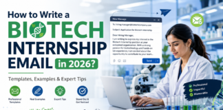 How to Write a Biotech Internship Email in 2026 Templates, Examples & Expert Tips A professional featured blog banner for an article titled “How to Write a Biotech Internship Email in 2026?”. The design shows a modern biotech laboratory theme with a scientist working on a laptop beside a microscope and lab equipment. On the left, large bold typography highlights “BIOTECH INTERNSHIP EMAIL” with green and blue accents, while supporting text reads “Templates, Examples & Expert Tips.” On the right, an email composition interface is displayed with a sample internship application message. The overall style is clean, corporate, and futuristic, with DNA graphics and medical/biotech visual elements conveying innovation and professionalism.