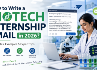 How to Write a Biotech Internship Email in 2026? Templates, Examples & Expert Tips How to Write a Biotech Internship Email in 2026 Templates, Examples & Expert Tips A professional featured blog banner for an article titled “How to Write a Biotech Internship Email in 2026?”. The design shows a modern biotech laboratory theme with a scientist working on a laptop beside a microscope and lab equipment. On the left, large bold typography highlights “BIOTECH INTERNSHIP EMAIL” with green and blue accents, while supporting text reads “Templates, Examples & Expert Tips.” On the right, an email composition interface is displayed with a sample internship application message. The overall style is clean, corporate, and futuristic, with DNA graphics and medical/biotech visual elements conveying innovation and professionalism.