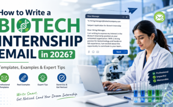 How to Write a Biotech Internship Email in 2026? Templates, Examples & Expert Tips How to Write a Biotech Internship Email in 2026 Templates, Examples & Expert Tips A professional featured blog banner for an article titled “How to Write a Biotech Internship Email in 2026?”. The design shows a modern biotech laboratory theme with a scientist working on a laptop beside a microscope and lab equipment. On the left, large bold typography highlights “BIOTECH INTERNSHIP EMAIL” with green and blue accents, while supporting text reads “Templates, Examples & Expert Tips.” On the right, an email composition interface is displayed with a sample internship application message. The overall style is clean, corporate, and futuristic, with DNA graphics and medical/biotech visual elements conveying innovation and professionalism.