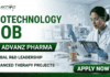 Hybrid Biotechnology Job At ADVANZ PHARMA | Apply Before It’s Gone! Hybrid Biotechnology Job At ADVANZ PHARMA Apply Before It's Gone! A professional promotional banner for a "Biotechnology Job at ADVANZ PHARMA." The top left features the Biotecnika logo. The bold main header on the left reads "BIOTECHNOLOGY JOB AT ADVANZ PHARMA" in a clean green and dark gray font layout, followed by two bullet points: "GLOBAL R&D LEADERSHIP" and "ADVANCED THERAPY PROJECTS". On the right side, a female researcher in a white lab coat, safety glasses, and blue gloves holds a digital tablet while carefully using a pipette with a benchtop laboratory bioreactor. The background shows a bright, modern, high-tech pharmaceutical research laboratory. A prominent dark green "APPLY NOW" button with a white right-pointing arrow sits at the bottom right.