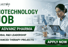 Hybrid Biotechnology Job At ADVANZ PHARMA | Apply Before It’s Gone! Hybrid Biotechnology Job At ADVANZ PHARMA Apply Before It's Gone! A professional promotional banner for a "Biotechnology Job at ADVANZ PHARMA." The top left features the Biotecnika logo. The bold main header on the left reads "BIOTECHNOLOGY JOB AT ADVANZ PHARMA" in a clean green and dark gray font layout, followed by two bullet points: "GLOBAL R&D LEADERSHIP" and "ADVANCED THERAPY PROJECTS". On the right side, a female researcher in a white lab coat, safety glasses, and blue gloves holds a digital tablet while carefully using a pipette with a benchtop laboratory bioreactor. The background shows a bright, modern, high-tech pharmaceutical research laboratory. A prominent dark green "APPLY NOW" button with a white right-pointing arrow sits at the bottom right.