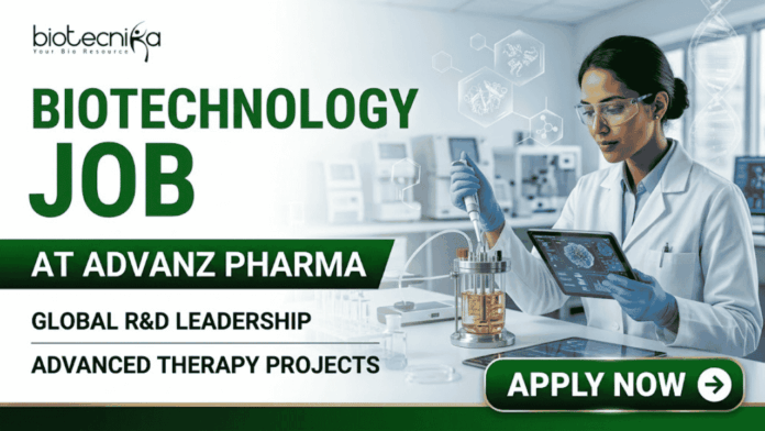 Hybrid Biotechnology Job At ADVANZ PHARMA Apply Before It's Gone! Hybrid Biotechnology Job At ADVANZ PHARMA Apply Before It's Gone! A professional promotional banner for a "Biotechnology Job at ADVANZ PHARMA." The top left features the Biotecnika logo. The bold main header on the left reads "BIOTECHNOLOGY JOB AT ADVANZ PHARMA" in a clean green and dark gray font layout, followed by two bullet points: "GLOBAL R&D LEADERSHIP" and "ADVANCED THERAPY PROJECTS". On the right side, a female researcher in a white lab coat, safety glasses, and blue gloves holds a digital tablet while carefully using a pipette with a benchtop laboratory bioreactor. The background shows a bright, modern, high-tech pharmaceutical research laboratory. A prominent dark green "APPLY NOW" button with a white right-pointing arrow sits at the bottom right.