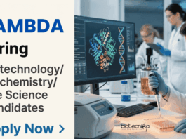 Apply for Lambda Career 2026 Research Executive position: Life Sciences Jobs for MSc Biotechnology, Biochemistry and Related field candidates.