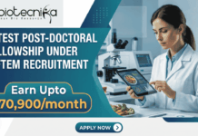 Latest Post-Doctoral Fellowship under NIFTEM Recruitment | Earn ₹70,900/month Latest Post-Doctoral Fellowship under NIFTEM Recruitment Earn ₹70,900month. A corporate-style job featured image banner (1280x720) for "Latest Post-Doctoral Fellowship under NIFTEM Recruitment" featuring the Biotecnika CRO logo at the top left. The left side uses a sleek dark teal and blue geometric layout to showcase the main headline and a prominent highlighted badge reading "Earn Upto ₹70,900/month". On the right, a realistic and focused young female scientist in a white lab coat interacts with a tablet displaying food data analysis. A plate of fresh vegetables sits on her workspace next to a high-tech laboratory microscope in a clean background. A teal "APPLY NOW" button is centered at the bottom.