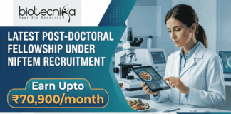 Latest Post-Doctoral Fellowship under NIFTEM Recruitment | Earn ₹70,900/month Latest Post-Doctoral Fellowship under NIFTEM Recruitment Earn ₹70,900month. A corporate-style job featured image banner (1280x720) for "Latest Post-Doctoral Fellowship under NIFTEM Recruitment" featuring the Biotecnika CRO logo at the top left. The left side uses a sleek dark teal and blue geometric layout to showcase the main headline and a prominent highlighted badge reading "Earn Upto ₹70,900/month". On the right, a realistic and focused young female scientist in a white lab coat interacts with a tablet displaying food data analysis. A plate of fresh vegetables sits on her workspace next to a high-tech laboratory microscope in a clean background. A teal "APPLY NOW" button is centered at the bottom.