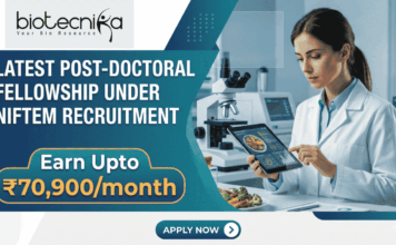 Latest Post-Doctoral Fellowship under NIFTEM Recruitment | Earn ₹70,900/month Latest Post-Doctoral Fellowship under NIFTEM Recruitment Earn ₹70,900month. A corporate-style job featured image banner (1280x720) for "Latest Post-Doctoral Fellowship under NIFTEM Recruitment" featuring the Biotecnika CRO logo at the top left. The left side uses a sleek dark teal and blue geometric layout to showcase the main headline and a prominent highlighted badge reading "Earn Upto ₹70,900/month". On the right, a realistic and focused young female scientist in a white lab coat interacts with a tablet displaying food data analysis. A plate of fresh vegetables sits on her workspace next to a high-tech laboratory microscope in a clean background. A teal "APPLY NOW" button is centered at the bottom.