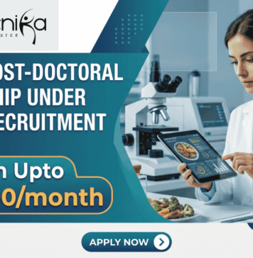 Latest Post-Doctoral Fellowship under NIFTEM Recruitment | Earn ₹70,900/month Latest Post-Doctoral Fellowship under NIFTEM Recruitment Earn ₹70,900month. A corporate-style job featured image banner (1280x720) for "Latest Post-Doctoral Fellowship under NIFTEM Recruitment" featuring the Biotecnika CRO logo at the top left. The left side uses a sleek dark teal and blue geometric layout to showcase the main headline and a prominent highlighted badge reading "Earn Upto ₹70,900/month". On the right, a realistic and focused young female scientist in a white lab coat interacts with a tablet displaying food data analysis. A plate of fresh vegetables sits on her workspace next to a high-tech laboratory microscope in a clean background. A teal "APPLY NOW" button is centered at the bottom.