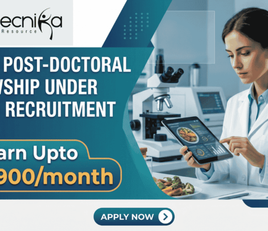 Latest Post-Doctoral Fellowship under NIFTEM Recruitment Earn ₹70,900month. A corporate-style job featured image banner (1280x720) for "Latest Post-Doctoral Fellowship under NIFTEM Recruitment" featuring the Biotecnika CRO logo at the top left. The left side uses a sleek dark teal and blue geometric layout to showcase the main headline and a prominent highlighted badge reading "Earn Upto ₹70,900/month". On the right, a realistic and focused young female scientist in a white lab coat interacts with a tablet displaying food data analysis. A plate of fresh vegetables sits on her workspace next to a high-tech laboratory microscope in a clean background. A teal "APPLY NOW" button is centered at the bottom.