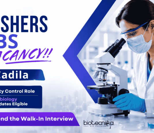 Apply for Microbiology Freshers Jobs under Cadila Careers. B.Sc/M.Sc Candidates Attend the QC Jobs Walk-in Drive.