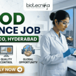 PepsiCo R&D Hiring in Hyderabad | Food Science Job You Shouldn’t Miss! PepsiCo R&D Hiring in Hyderabad Food Science Job You Shouldn’t Miss! A promotional banner with a light background on the left and a lab scene on the right. Main title text at the top reads: "FOOD SCIENCE JOB AT PEPSICO, HYDERABAD". The top-left features the "biotecnika" logo. Below the title on the left are three colored icons labeled: "FOOD INNOVATION" (bowl of grains), "QUALITY CONTROL" (computer monitor), and "GLOBAL OPPORTUNITY" (world globe with buildings). A prominent gold "APPLY NOW" button with a right arrow is below the icons. A female scientist in a lab coat, safety glasses, and blue gloves holds a tablet on the right. She stands next to beakers containing liquids and a computer monitor, with a large window in the background showing a view of a city skyline (Hyderabad) at night.