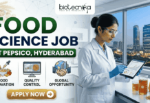 PepsiCo R&D Hiring in Hyderabad | Food Science Job You Shouldn’t Miss! PepsiCo R&D Hiring in Hyderabad Food Science Job You Shouldn’t Miss! A promotional banner with a light background on the left and a lab scene on the right. Main title text at the top reads: "FOOD SCIENCE JOB AT PEPSICO, HYDERABAD". The top-left features the "biotecnika" logo. Below the title on the left are three colored icons labeled: "FOOD INNOVATION" (bowl of grains), "QUALITY CONTROL" (computer monitor), and "GLOBAL OPPORTUNITY" (world globe with buildings). A prominent gold "APPLY NOW" button with a right arrow is below the icons. A female scientist in a lab coat, safety glasses, and blue gloves holds a tablet on the right. She stands next to beakers containing liquids and a computer monitor, with a large window in the background showing a view of a city skyline (Hyderabad) at night.