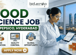 PepsiCo R&D Hiring in Hyderabad | Food Science Job You Shouldn’t Miss! PepsiCo R&D Hiring in Hyderabad Food Science Job You Shouldn’t Miss! A promotional banner with a light background on the left and a lab scene on the right. Main title text at the top reads: "FOOD SCIENCE JOB AT PEPSICO, HYDERABAD". The top-left features the "biotecnika" logo. Below the title on the left are three colored icons labeled: "FOOD INNOVATION" (bowl of grains), "QUALITY CONTROL" (computer monitor), and "GLOBAL OPPORTUNITY" (world globe with buildings). A prominent gold "APPLY NOW" button with a right arrow is below the icons. A female scientist in a lab coat, safety glasses, and blue gloves holds a tablet on the right. She stands next to beakers containing liquids and a computer monitor, with a large window in the background showing a view of a city skyline (Hyderabad) at night.