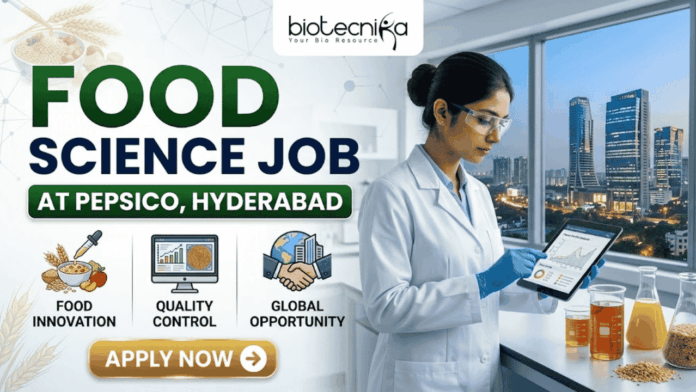 PepsiCo R&D Hiring in Hyderabad Food Science Job You Shouldn’t Miss! PepsiCo R&D Hiring in Hyderabad Food Science Job You Shouldn’t Miss! A promotional banner with a light background on the left and a lab scene on the right. Main title text at the top reads: "FOOD SCIENCE JOB AT PEPSICO, HYDERABAD". The top-left features the "biotecnika" logo. Below the title on the left are three colored icons labeled: "FOOD INNOVATION" (bowl of grains), "QUALITY CONTROL" (computer monitor), and "GLOBAL OPPORTUNITY" (world globe with buildings). A prominent gold "APPLY NOW" button with a right arrow is below the icons. A female scientist in a lab coat, safety glasses, and blue gloves holds a tablet on the right. She stands next to beakers containing liquids and a computer monitor, with a large window in the background showing a view of a city skyline (Hyderabad) at night.
