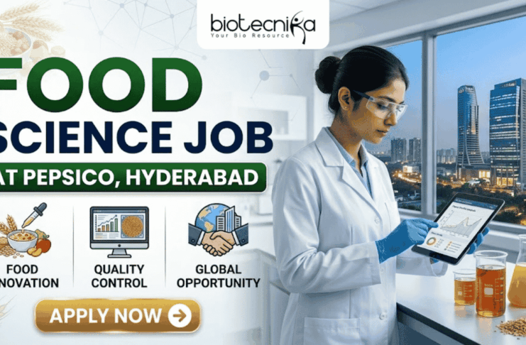 PepsiCo R&D Hiring in Hyderabad | Food Science Job You Shouldn’t Miss! PepsiCo R&D Hiring in Hyderabad Food Science Job You Shouldn’t Miss! A promotional banner with a light background on the left and a lab scene on the right. Main title text at the top reads: "FOOD SCIENCE JOB AT PEPSICO, HYDERABAD". The top-left features the "biotecnika" logo. Below the title on the left are three colored icons labeled: "FOOD INNOVATION" (bowl of grains), "QUALITY CONTROL" (computer monitor), and "GLOBAL OPPORTUNITY" (world globe with buildings). A prominent gold "APPLY NOW" button with a right arrow is below the icons. A female scientist in a lab coat, safety glasses, and blue gloves holds a tablet on the right. She stands next to beakers containing liquids and a computer monitor, with a large window in the background showing a view of a city skyline (Hyderabad) at night.
